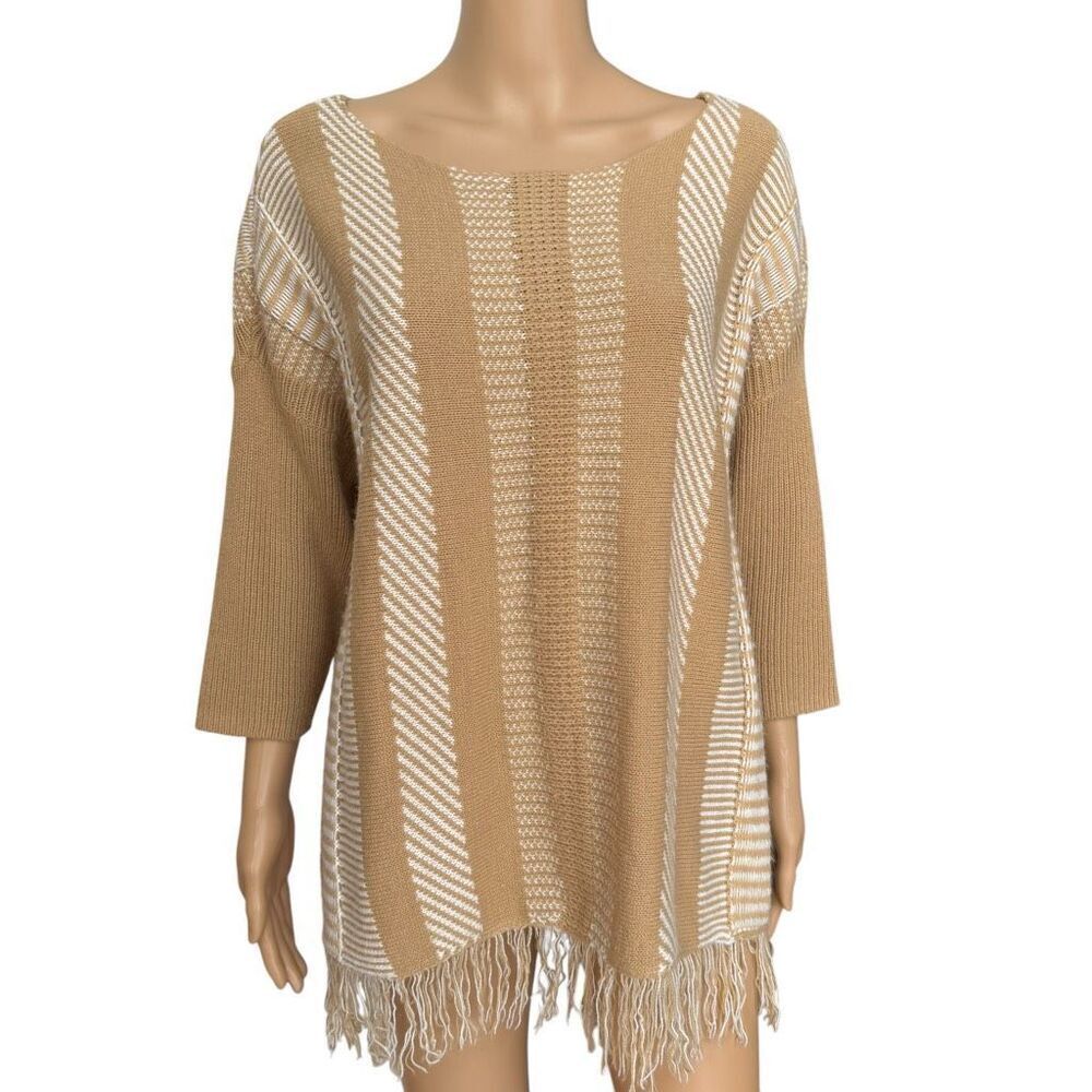 Chico’s Filipa Striped Sweater fringe hem size M